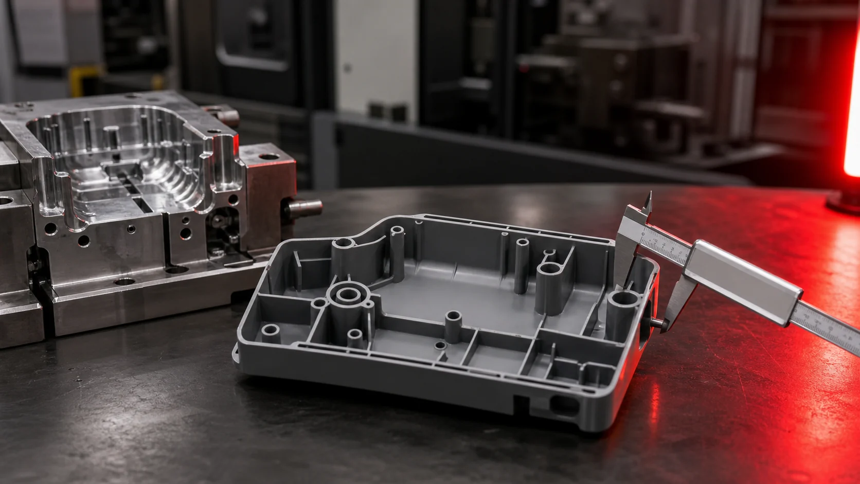 Plastic housing with ribs and bosses measured with a caliper next to an injection mould