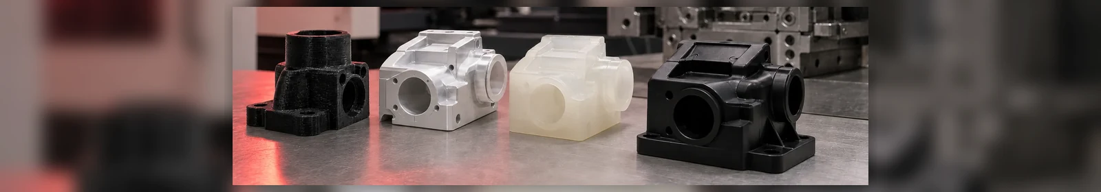 Prototype parts made with different technologies next to an injection mould