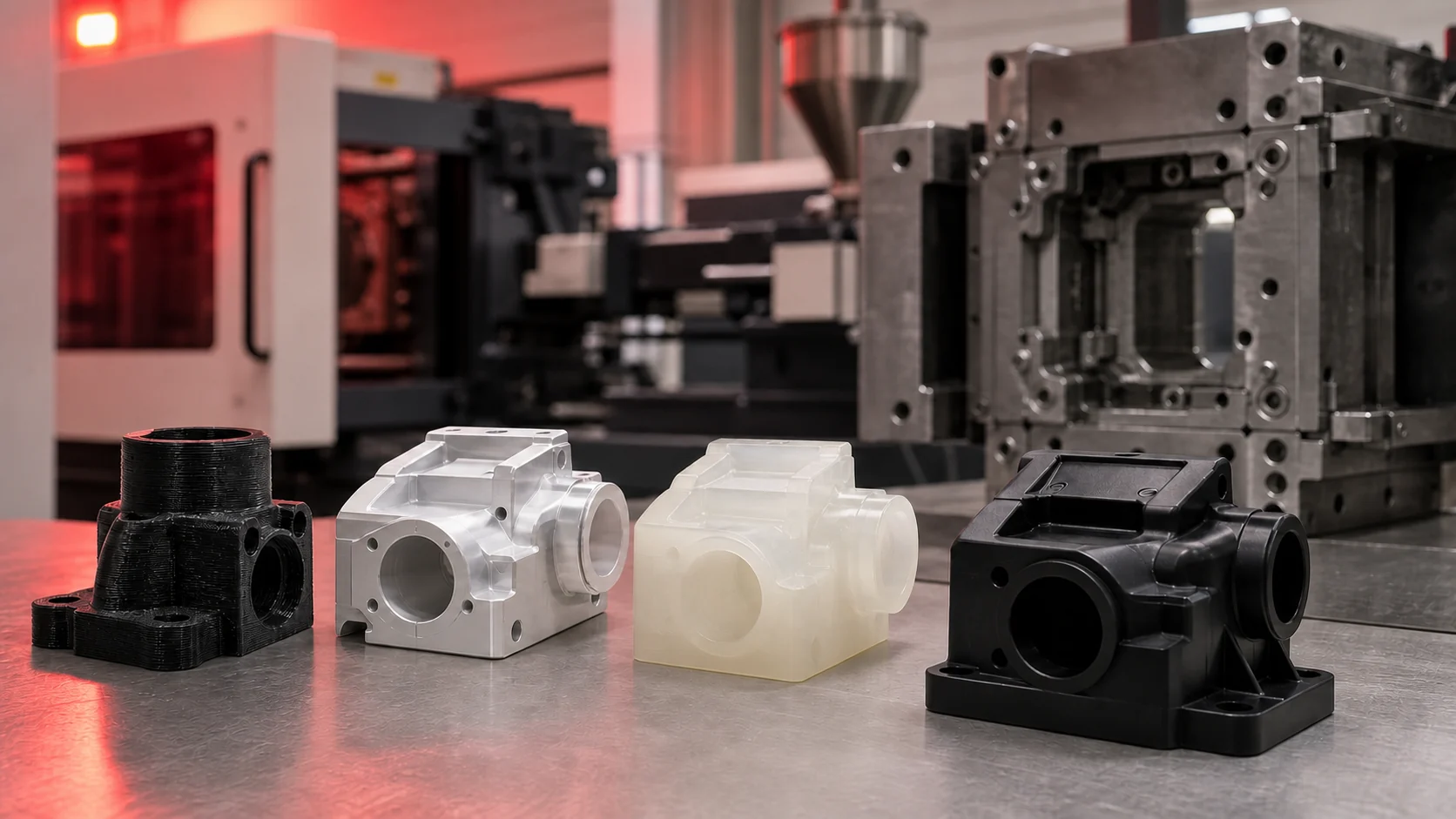 Prototype parts made with different technologies next to an injection mould
