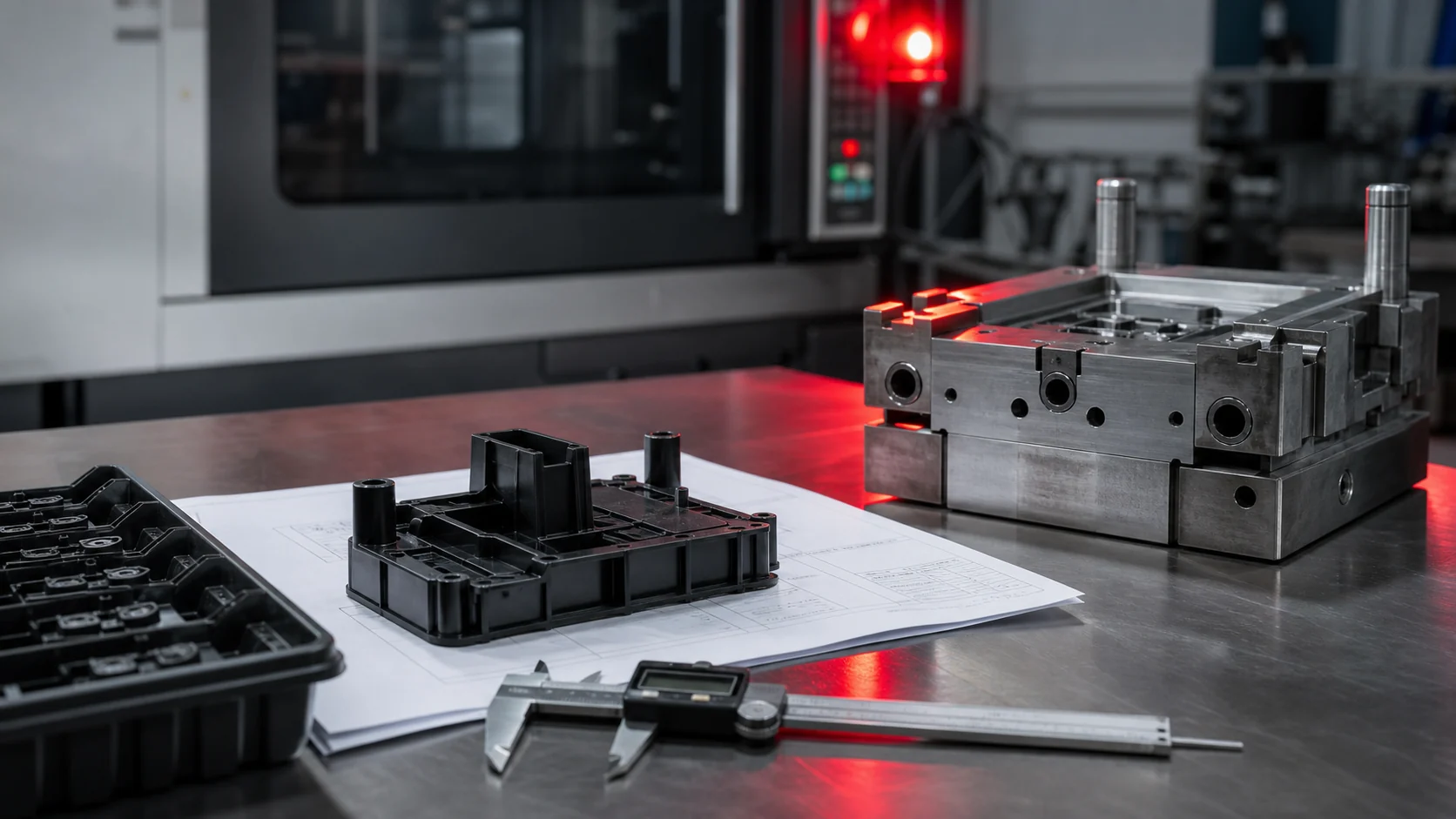 Validated plastic part, injection mould and caliper before moving to production tooling