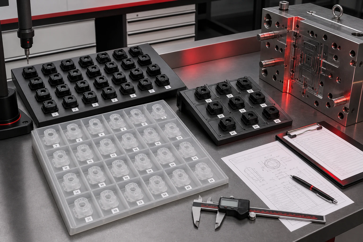 Lote de piezas prototipo inyectadas organizadas para medición dimensional y validación de proceso