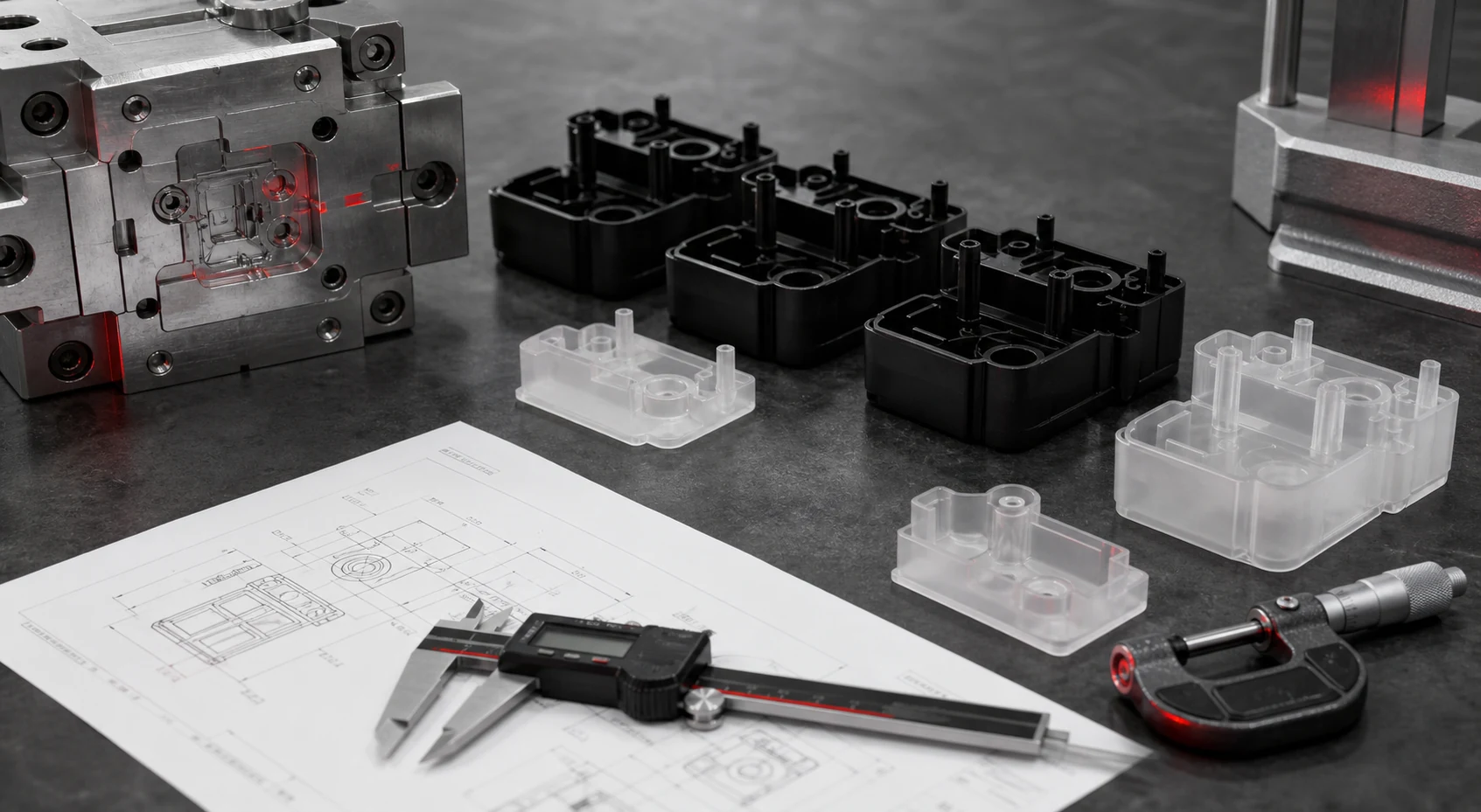 Injection-moulded plastic parts beside a mould and dimensional measuring equipment