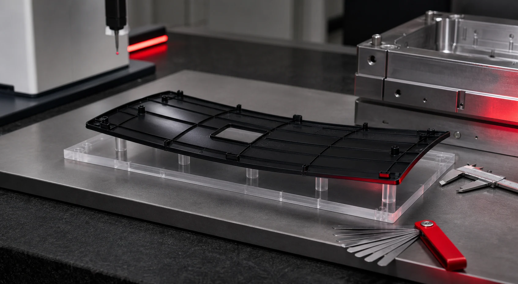 Injection-moulded parts and dimensional measurement used to detect delayed warpage