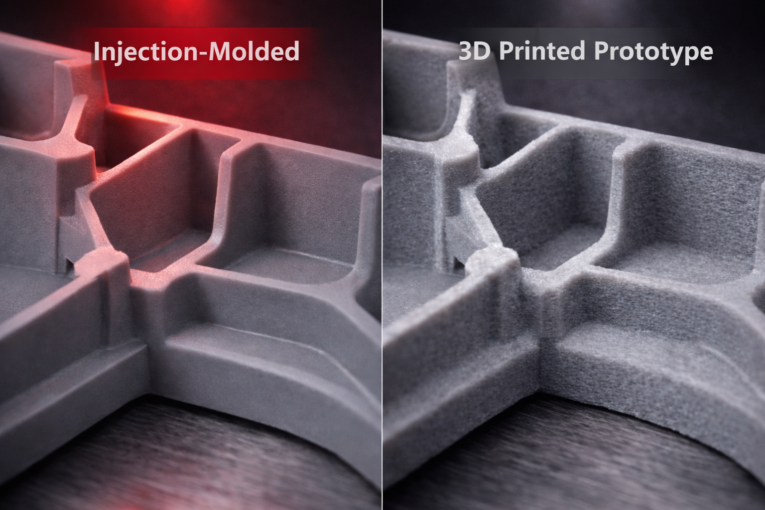 Comparativa entre pieza inyectada y prototipo impreso en 3D para validar diferencias reales de proceso