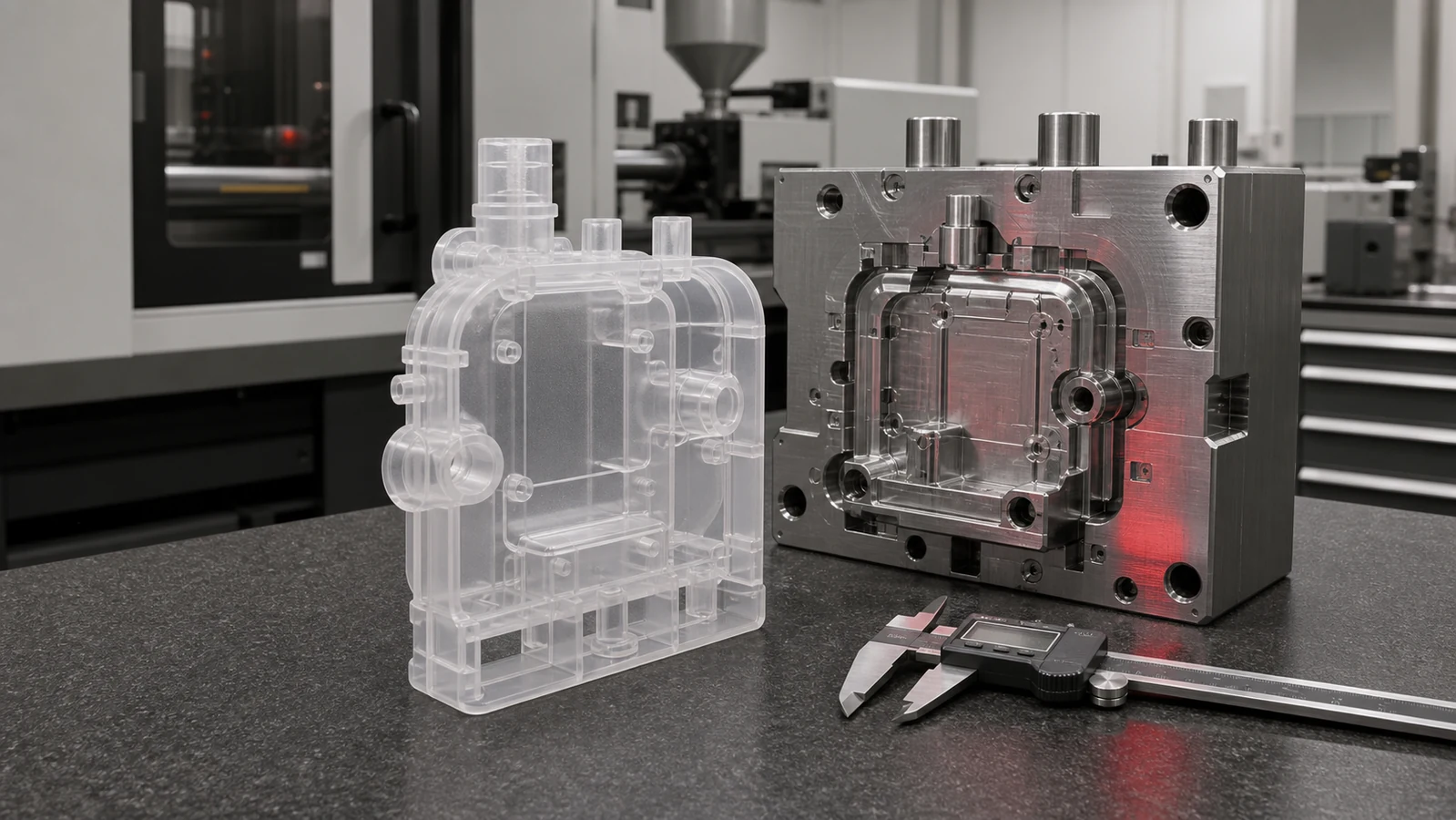 Dispositivo médico inyectado y molde prototipo para validar el comportamiento del material final previsto