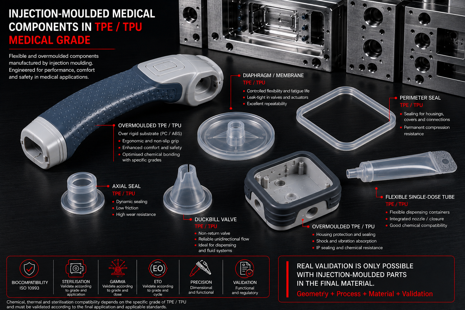 Medical parts injection-moulded in medical-grade TPE and TPU: overmoulding, duckbill valves, axial seals, diaphragms, perimeter gaskets and flexible tubes — validation with production material