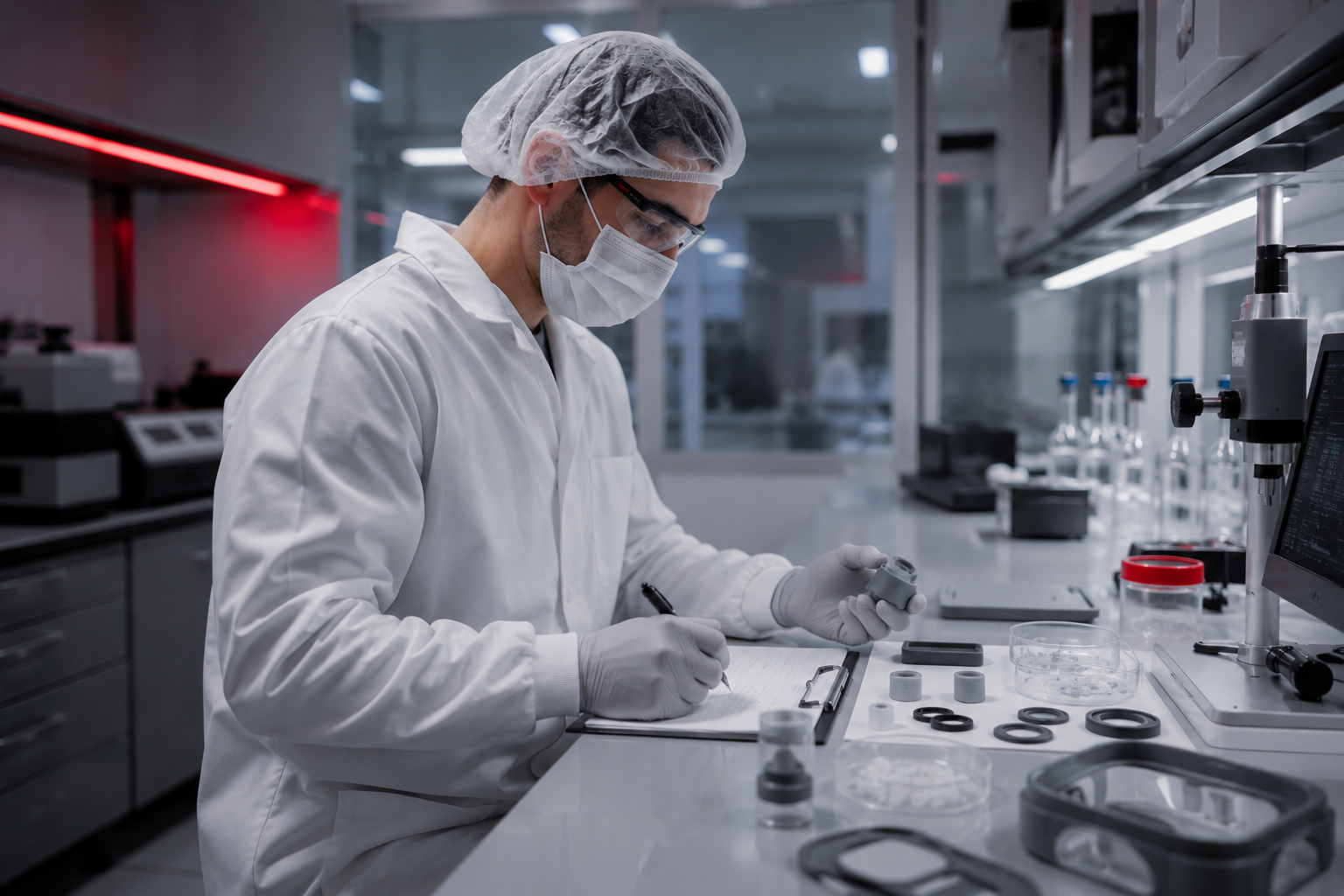 Técnico de laboratorio inspeccionando componentes TPE para dispositivos médicos — validación funcional de piezas inyectadas con material final